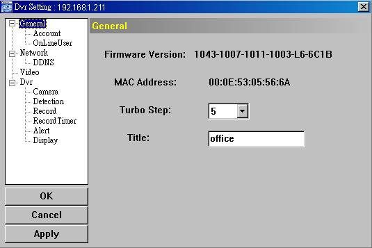 FONCTIONNEMENT À DISTANCE Sur l écran «General» (Généralités), vous pouvez voir les éléments suivants : Élément Firmware Version (Version firmware) MAC Address (Adresse MAC) Title (Titre) Turbo Step