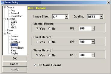 FONCTIONNEMENT À DISTANCE Fonction Image Size / Quality (taille / qualité de l image) Manual Record / Event Record / Timer Record (enregistrement manuel / enregistrement évènement / enregistrement