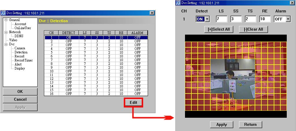 Detection Select the desired channel, and click Edit to enter the motion detection sensitivity and area-setting page.