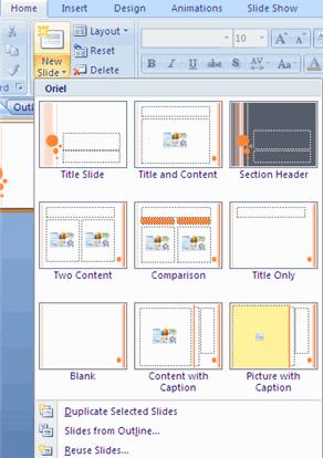 There are several choices when you want to add a new slide to the presentation: Office Themes, Duplicate Selected Slide, or Reuse Slides.