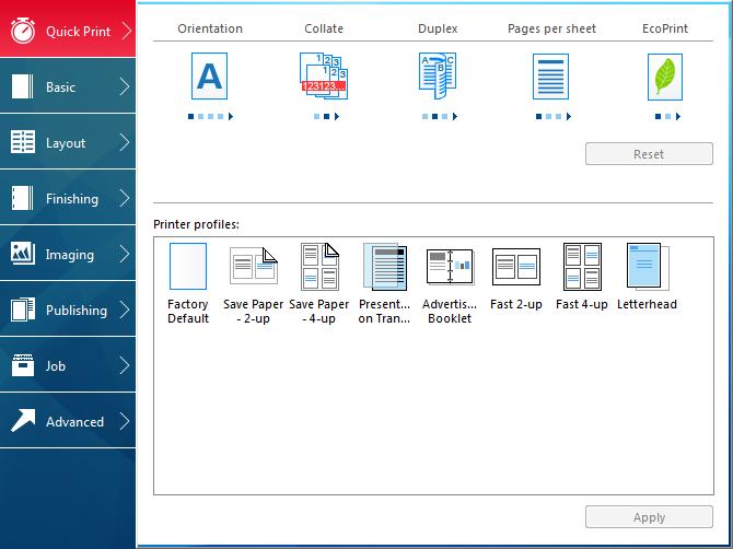 Quick Print In the Quick Print tab, you can apply basic print settings to print jobs. You can select options quickly in a simple user interface.