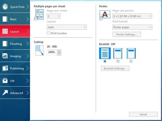 6 Layout In the Layout tab, you can arrange document data on printed pages without affecting the original document. To return to the original settings, click Reset.