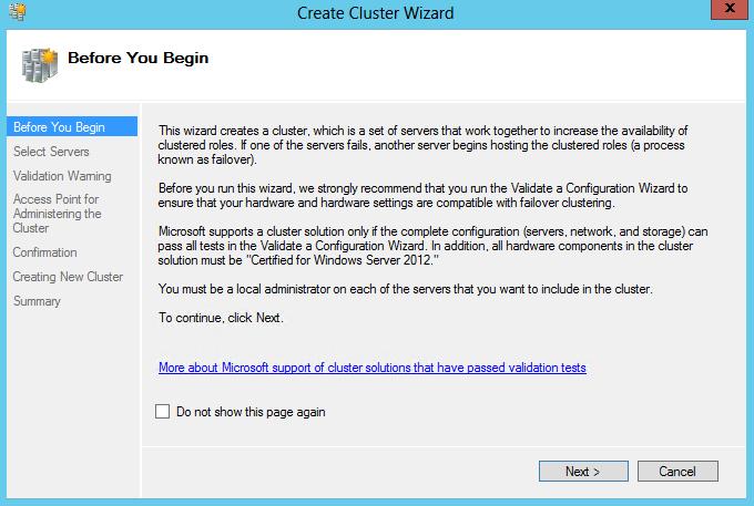 Before creation of cluster verify that your servers are suitable for building a cluster: click