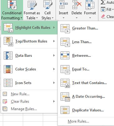 Select the cells where you want to apply the conditional formatting. 2. On the Home tab, in the Styles group, select Conditional Formatting. 3. Select the condition you want to use. 4.
