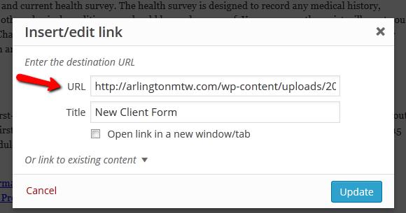 In the box, paste the PDF url into the bland url box, enter a link title and click update. Once your new PDF page link has been created.