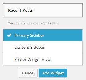 Available widgets are listed on the left: Widget locations are listed on the right: 3. To add a widget to the sidebar or footer, click on it > click on the desired location > click add widget.