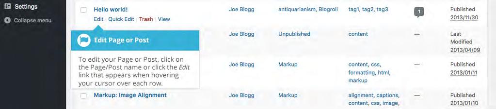Editing Existing Content To edit an existing page, simply click on the relevant Page/Post title, when viewing your list of Pages or Posts.