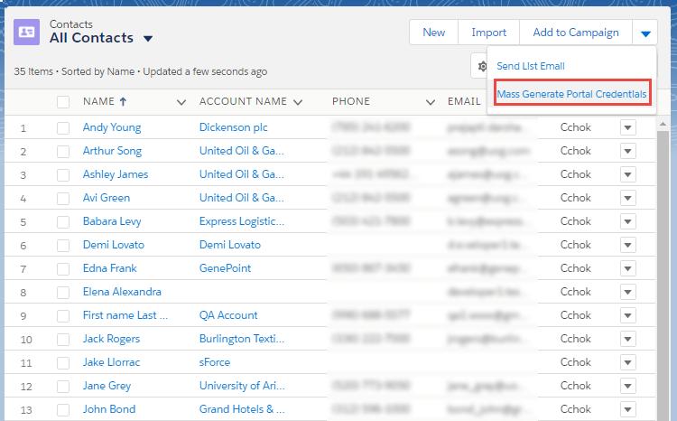 Generate Mass Credentials: Generate portal credentials for already created CRM contacts and convert these contacts to Portal Users from Salesforce in a single click.