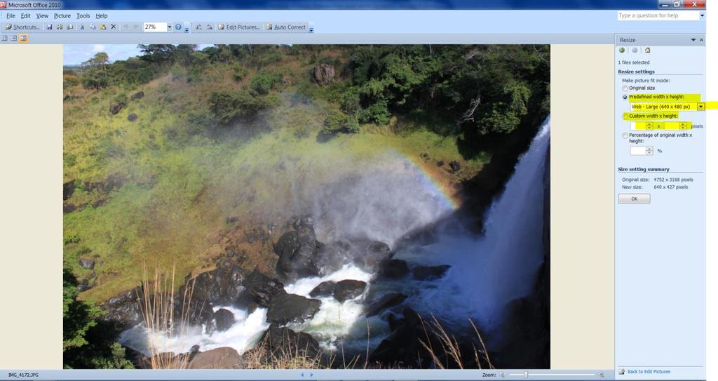 7. Click on Edit Pictures 8. Photo editing tools will show up, click Resize 9. If you have predefined sizes choose Web Large (640 x 480). If you don t then manually enter 640 X 480.