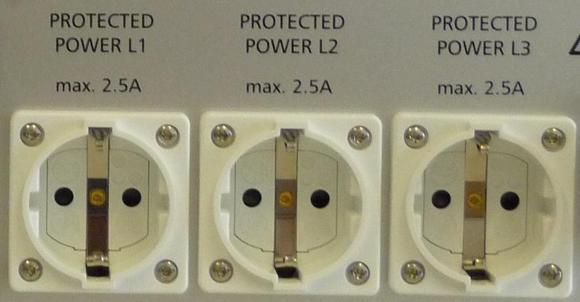 Interfaces PROTECTED POWER L3 Each power plug is protected through an automated circuit breaker. These power plug connectors are used typically for the internal devices of a HIL system.