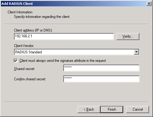 Chapter 19: Sample setup - Microsoft RADIUS DRAFT 304 5. Click Next. The Add RADIUS Client dialog box opens. 6. In Client address specify the IP address of the CN3200 s Internet port.