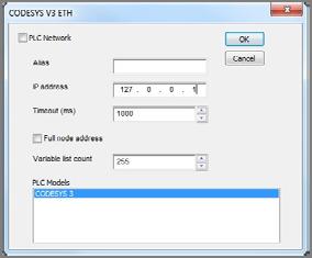 Communication setup in AGI Creator 2.0.x.xxx AGI Creator communicates with the internal CODESYS V3 PLC Runtime using the CODESYS V3 ETH protocol. Local host 127.0.0.1 should be entered in the IP Address parameter.
