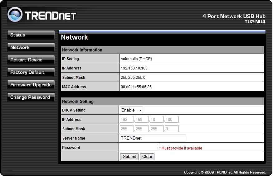 Network Information/Setting This page displays the current network setting of the server and provides links to the pages where you can perform special actions.