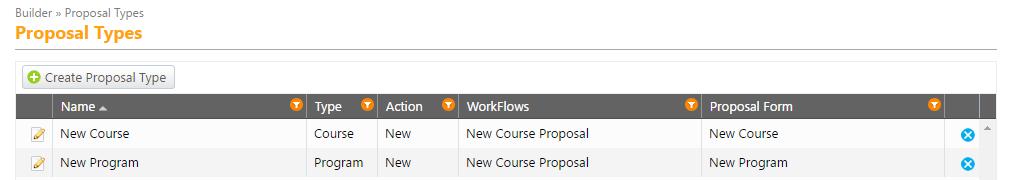 Proposal Types Click the Delete icon ( ) to the right of the proposal type to delete an existing proposal type.