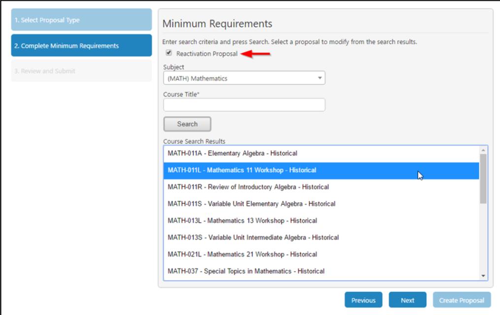 Optional META Functionalities Course Reactivation The Course Reactivation feature allows admin users to use a modification proposal to reactivate historical courses that have no active version in