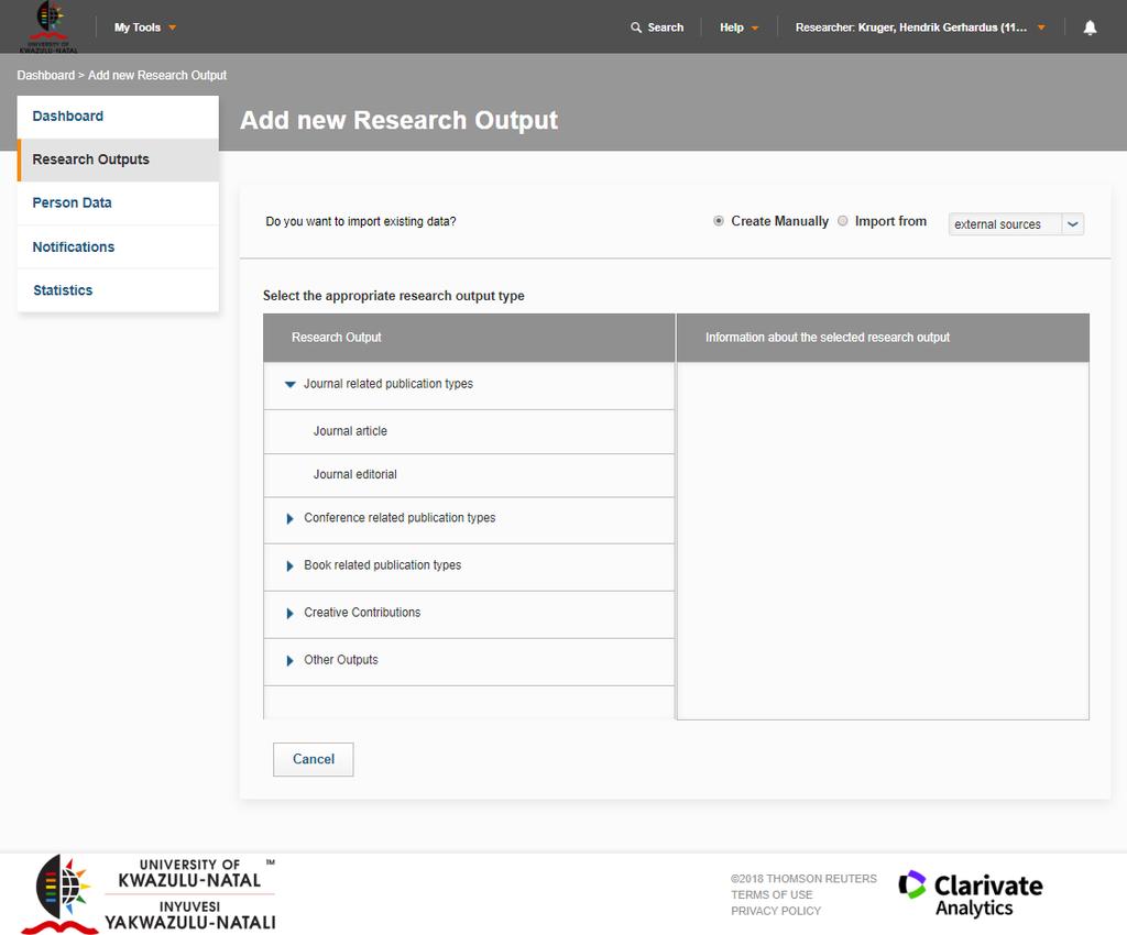 o Select Create Manually or Import from Select the appropriate research output