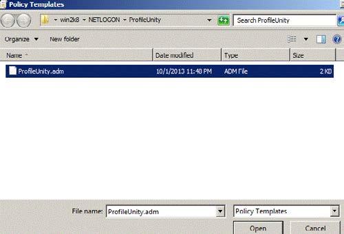 3. Browse to the location where you extracted the ProfileUnity files (by default, the Netlogon\ProfileUnity folder) and select the ProfileUnity.adm template. Click Open. 4.