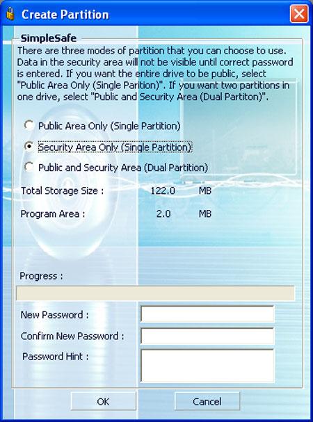 3 On the Create Partition screen, choose Security Area Only (Single Partition). 4 Enter the login password in both the New Password and the Confirm New Password text boxes.