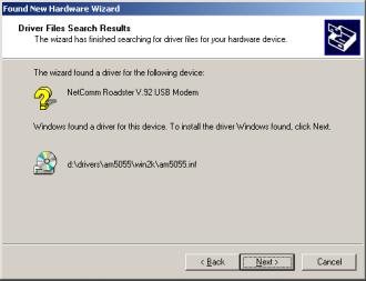 19. Windows will locate the correct driver. Click on "Next>" to continue.