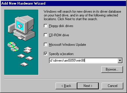 Windows 98 se 1. Please insert the NetComm CD supplied and, when the "Add New Hardware Wizard" recognizes the new "NetComm USB Modem", click on "Next>". 2.