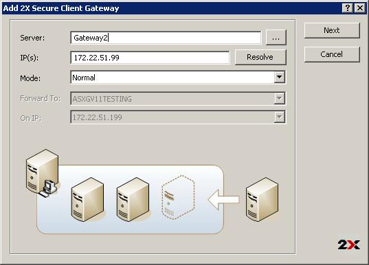 Adding a New Gateway 6. In the second step you have to remotely install the 2X SecureClientGateway service on the target machine.