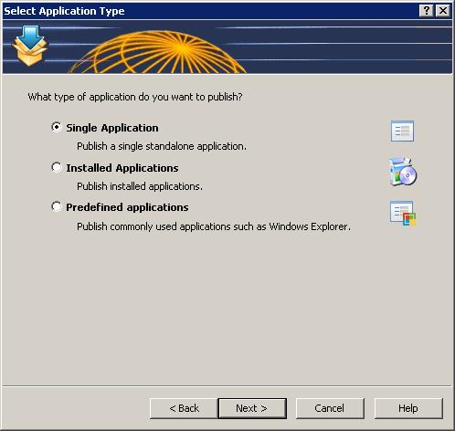 Selecting an Application Type from the Publish an Application Wizard 4. In the third step of the wizard specify from which Terminal Servers the application should be published.