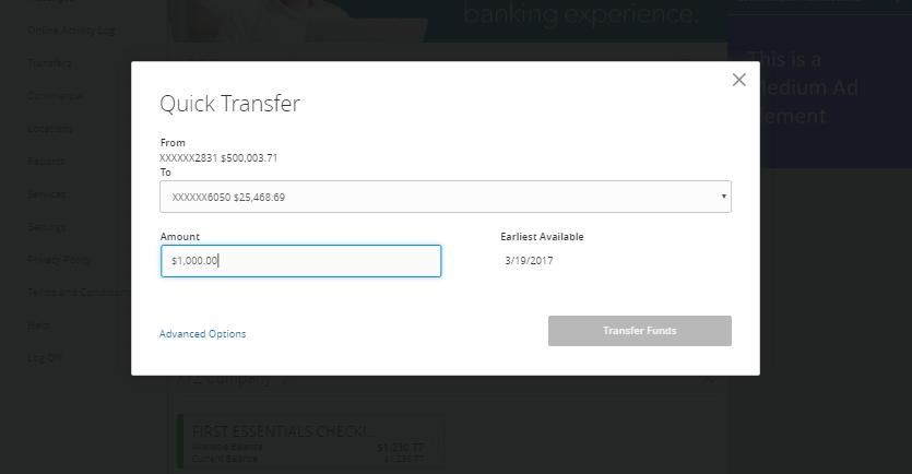 Quick Transfer preselects the from account and displays the quick transfer screen for you to select the to account and dollar amount to be sent at the