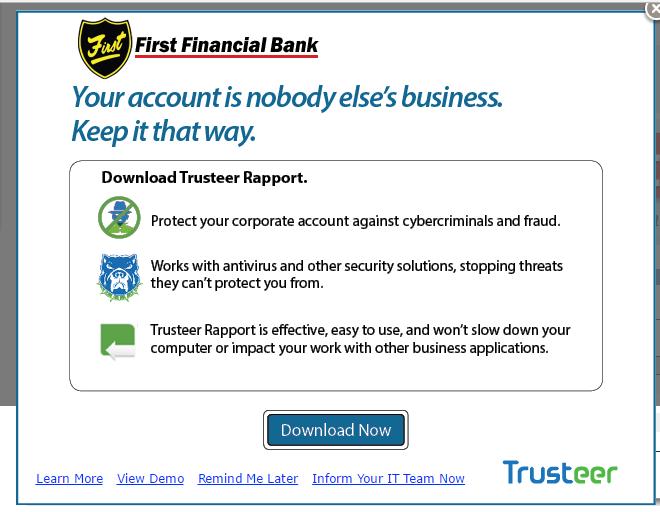 After initial login you will notice the next layer of identity protection, Trusteer Rapport. This splash download offering will appear if you do not already have Rapport installed.