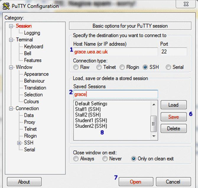 Configuring Putty Image 3 1. Enter the Host Name [Image 3] 2. Enter the Session Name [Image 3] Host Name = grace.uea.