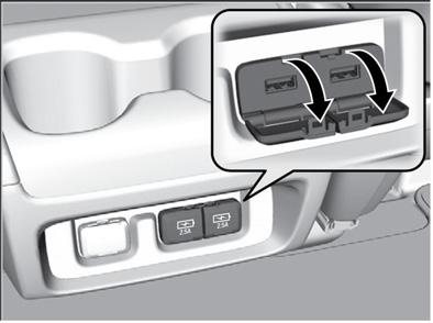 0A) is for playing audio, connecting a phone, and device charging. The left-side port (2.5A) is for device charging only. The USB port (2.
