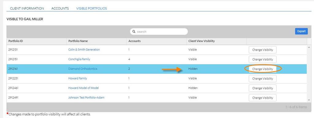 To limit the portfolios the investor will see, select Visible Portfolios and review the entries in the Client View Visibility column.