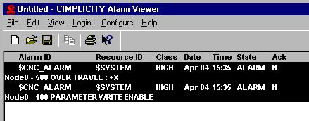 CIMPLICITY Alarm Viewer Use the CIMPLICITY Alarm Viewer to track and acknowledge CNC alarm, operator and macro messages. Access the Alarm Viewer from the Workbench. To access the Alarm Viewer: 1.