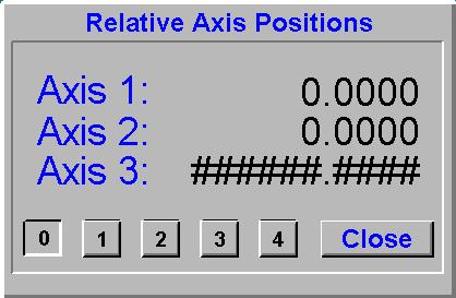 Example For example, clicking the Relative Axis button opens the Relative Axis screen as shown below. In this example, data is displayed for CNC Device 0 with 3 axis positions.