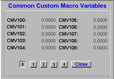 Custom Macro Variables Clicking the Custom Macro Variables button opens the Common Custom Macro Variables screen as shown below. Use this screen to read and write Custom Macro Variables 100-109.