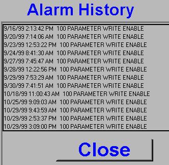Alarm History Clicking the Alarms History button opens the Alarm History screen as shown below. Use this screen to display alarm history for the CNC.