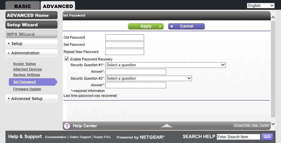 4. Select two security questions and provide answers to them. 5. Click the Apply button. To recover your password: 1. In the address field of your browser, type www.routerlogin.net.