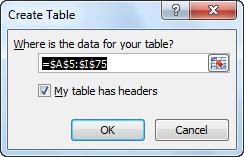 CREATING A TABLE Creating a table from an existing range of data: Click anywhere