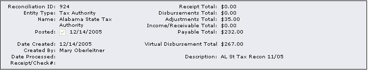 Issuing Disbursement for Tax Authority Payables If a Virtual Disbursement Total is on the reconciliation header, this indicates a disbursement would need to be added to issue payment to the Tax