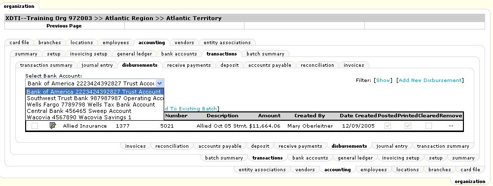 Click the territories tab and click the Details icon for the territory where the disbursement is to be added.