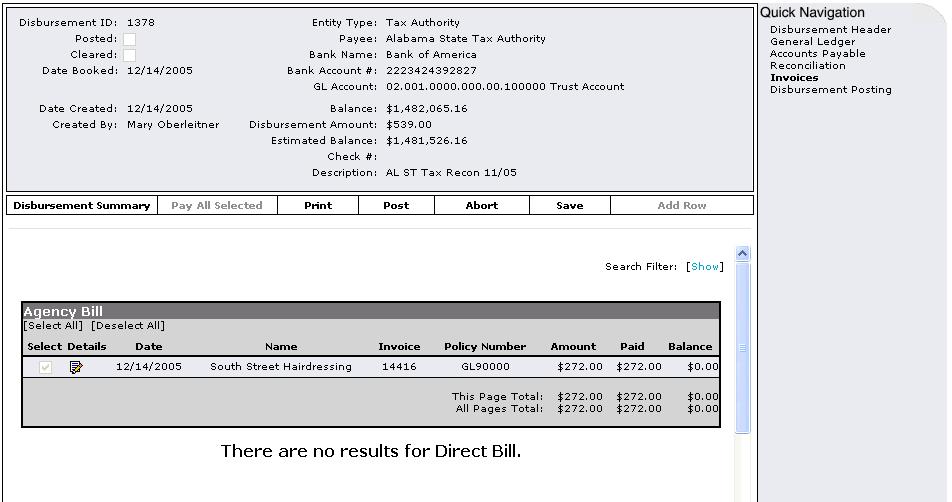 After clicking the OK button on the Pay All Selected confirmation window, the Invoices screen is displayed showing all the selected invoices with a gray checkbox, which indicates the invoices, are