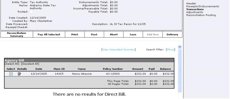 To identify the invoices included on the statement (after filtering the list), find the matching invoice and click the box in the Select column to place a check mark indicating the item should be