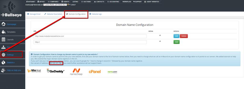 Add your URL to the Domain Configuration area of Settings.
