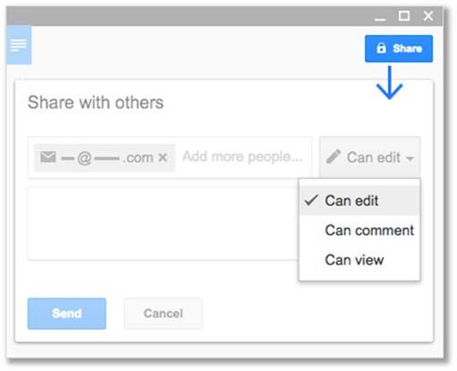 SHARE WITH YOUR TEAM To share a file you own or can edit: 1. Open the file you want to share. 2. Click Share. 3. Enter the email addresses or Google Groups you want to share with. 4.