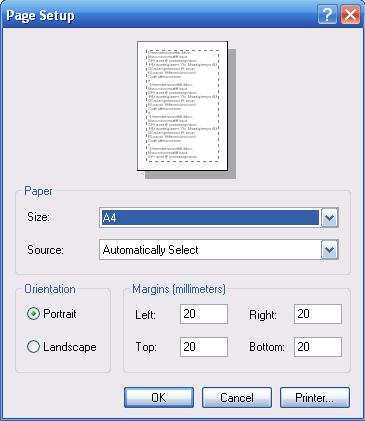 Clicking on this opens the Page Setup window, which shows a thumbnail of a page, and allows you to select the Page Size, Paper Source (ignore this), Portrait or Landscape Orientation, set the