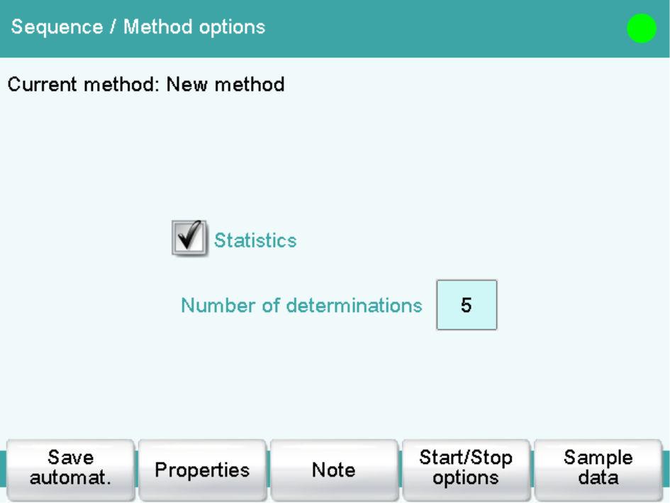6 Carrying out the water content determination of a sample Tap on [Method options]. Here you can define the statistics function for this method.