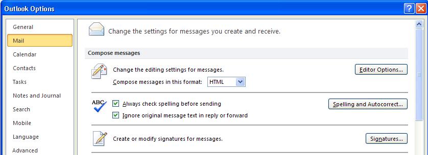 Signatures To create and store one or more signatures in Outlook: 1. Click on the File tab. 2. Click on Options.