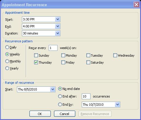 2. Click on Recurrence in the Options group. Figure 28 - Recurrence 3. In the Appointment Recurrence dialog box, set the pattern and range of recurrence for the appointment.