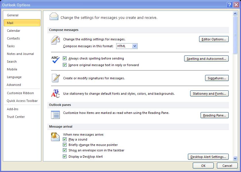Notification of New E-mail Depending on your configuration, Outlook 2010 may display an envelope icon in the Windows taskbar whenever new e-mail, meeting requests, or other items arrive.