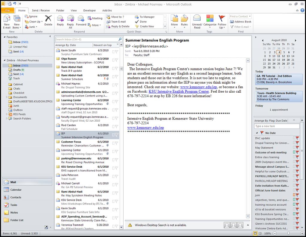 Introduction Using Microsoft Outlook 2010 as a desktop client for Zimbra gives the end-user added functionality not available in Zimbra, due to the fact that the latter is a web-based application.