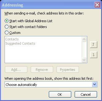 3. In the Addressing window, verify that the Start with Global Address List is checked, and then click on Choose